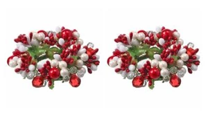 Juego de 2 anillos de vela votivos Tealight con bayas y joyas de perlas rojas y blancas de 5" - Imagen 1 de 1