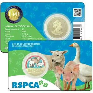 2021 $1 RSPCA 150 Years Farm Animals Coloured Frosted Uncirculated Coin Card - Bild 1 von 3