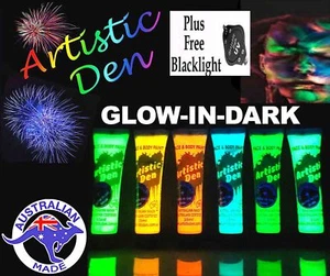 UV NEON GLOW IN THE DARK FACE & BODY PAINT+ FREE UV LIGHT! 6 x15ml - Picture 1 of 2