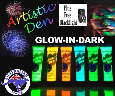 UV NEON  GLOW IN THE DARK FACE & BODY PAINT+ FREE UV LIGHT!  6 x15ml  - image 1 of 2