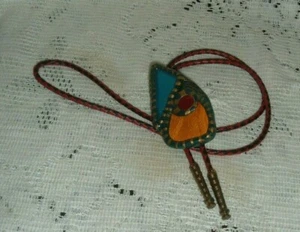 MULTI COLOR CERAMIC SLIDE HAND CRAFTED RED  BOLO TIE USED - Picture 1 of 2