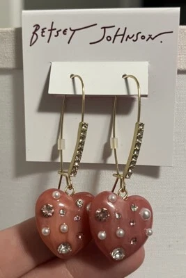 Betsey Johnson Pink Heart/Pearl/ Rhinestone Dangle Earrings - Image 1 of 4