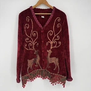 Ugly Christmas Sweater Red Sequins Beaded Reindeer Cardigan Women’s Large - Picture 1 of 8