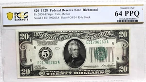 1928 $20 Dollars FRN RICHMOND, Numerical Seal, PCGS 64 PPQ Fr 2050-E BEAUTIFUL - Picture 1 of 4