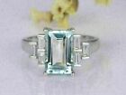 3Ct Emerald Cut Aquamarine Diamond Solitaire Engagement Ring 14K White Gold Over