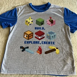 Mojang Minecraft kurzärmeliges Pyjama-Shirt Jungen grau blau kriechend TNT Schweineaxt 12 - Bild 1 von 7