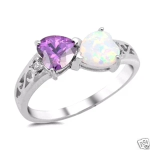 USA Seller Hearts Ring Sterling Silver 925 Jewelry White Lab Opal Amethyst CZ - Picture 1 of 2