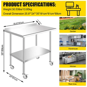Food Prep Table 36" x 24" Stainless Steel for Kitchen Commercial Work w/baffle - Picture 1 of 9
