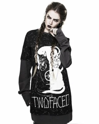 Rogue and Wolf Deux Tête De Chats Stars Constellations Gothique Punk Pull WAF-33 - Photo 1/4