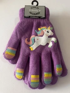 Amity Cold Guard Girls Unicorn Fashion Knit Gloves Purple Pastels 5.5” New! - Picture 1 of 3