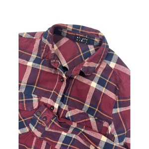 Womens Alygne Flannel Shirt Medium Burgundy Plaid Long Sleeve Button Up Cotton - Picture 1 of 13