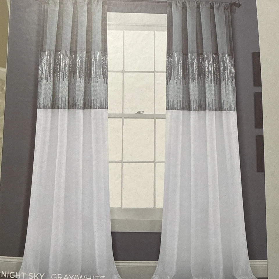 Glamoroso Panel Cortina Ventana Cielo Nocturno 42 x 84 Gris Blanco Lentejuelas Decoración Foto 1 de 1