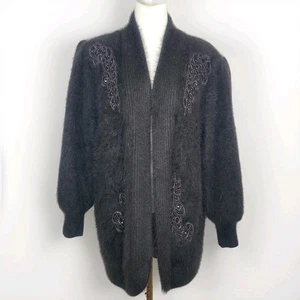 Vtg Lee Sands Beaded Embroidered Angora Blend Sweater Cardigan Jacket Brown L/XL - Picture 1 of 8