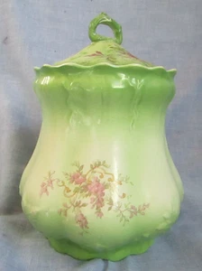 VINTAGE SHENANGO CHINA CO. GREEN FLORAL BISCUIT COOKIE JAR - Picture 1 of 7