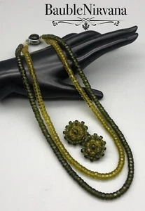 VTG Langani TwoTone Green Faceted Disc Glass Double Strand Necklace&Earrings Set - Picture 1 of 5