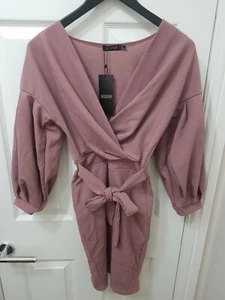 Misspap Off The Shoulder Wrap Long Sleeve Tie Waist Mini Dress in Purple UK 8 - Picture 1 of 2
