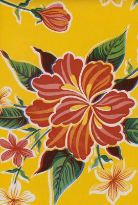Oilcloth Fabric Tropical Hibiscus Yellow Pattern Sold in Yard or Bolt - Image 1 of 2