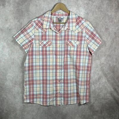 Wrangler Wrancher Shirt Mens XL Pink Plaid Western Pearl Snap Short Sleeves - Image 1 of 4