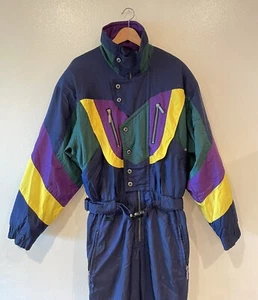 VTG OSSI Mens LARGE Ski Suit Navy Purple Yellow Green OnePiece Belted Retro 80’s - Picture 1 of 23