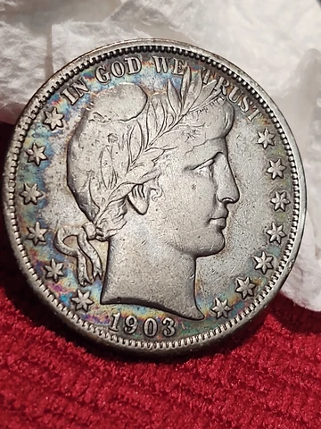 1903-P Barber Silver Half Dollar VF Details Remaining w/Awesome Rainbow Toning Cover