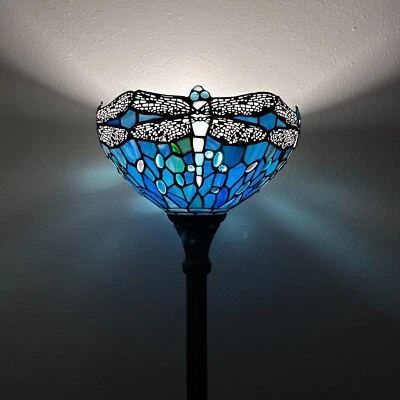 Tiffany Style Torch Floor Lamp Blue Stained Glass Dragonfly LED Bulb H66"W12" - Image 1 of 4