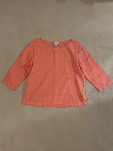 Liz Claiborne Coral Cotton Eyelet 3/4 Sleeve Top L Cruise Summer Shirt - Picture 1 of 4