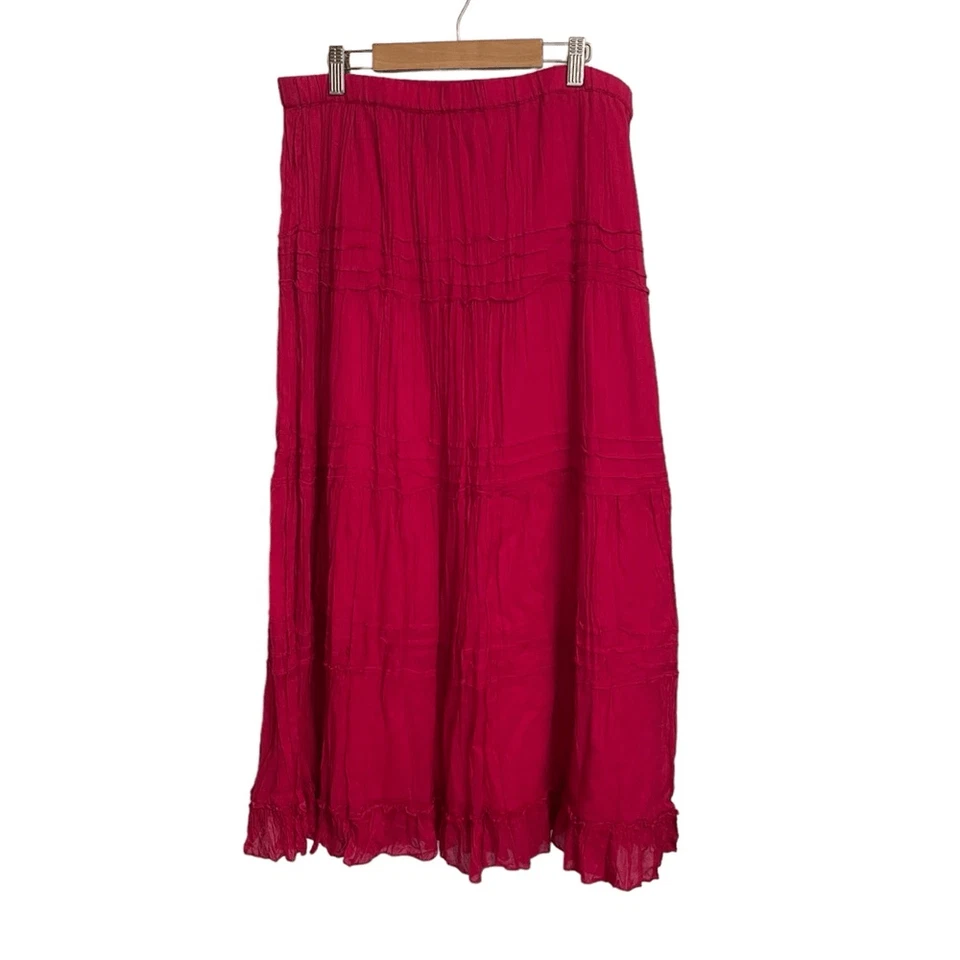 Chico's Hot Pink Cotton Crinkle Ruffle Hem Midi Skirt MED - Image 1 of 4