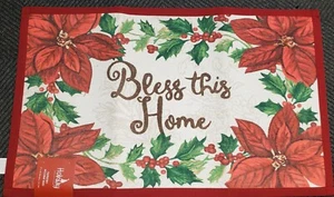 TAPESTRY KITCHEN RUG (27" x 45") CHRISTMAS,BLESS THIS HOME & POINSETTIA, Holiday - Picture 1 of 12