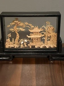 Vintage Chinese Cork Art Landscape Crane Pagoda Diorama - Picture 1 of 5