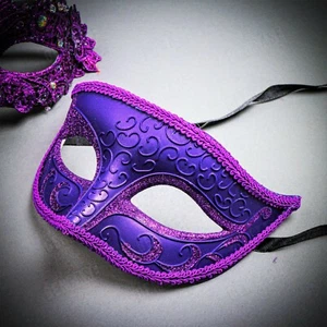 Purple Venetian Women Feather Mask Phantom Men Classic Masquerade Ball Eye Mask - Picture 1 of 11
