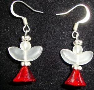 ANGEL Earrings White Frost Wings RED Skirt Pierced Dangle VINTAGE - Picture 1 of 3