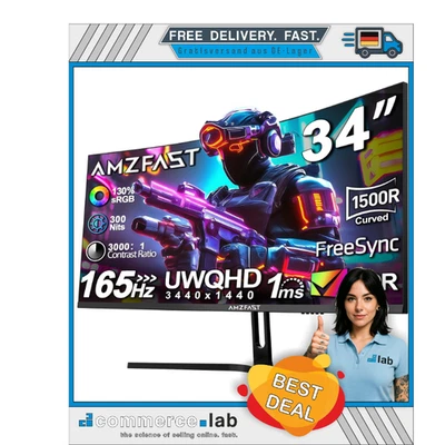 Amzfast 34 Zoll Curved Gaming Monitor - 165Hz(DP), 21:9 UltraWide QHD(3440x14... - Bild 1 von 4