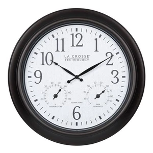 18 in. Indoor/Outdoor Dark Brown Atomic Analog Wall Clock with Temp and Humidity - Picture 1 of 8