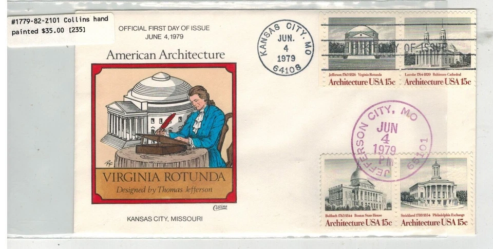1979 COLLINS HANDPAINTED 1779/1782 AMERICAN ARCHITECTURE DUAL CANCEL WAS $35 - Image 1 of 1