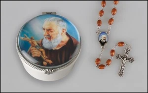 Saint Padre Pio Wooden Rosary In Porcelain Box New - Picture 1 of 1