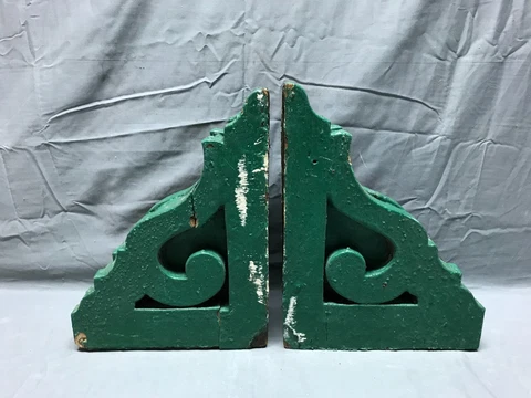 Pair Antique Wood Corbel Roof Brackets Shabby Green Chic Old Vintage 1305-22B Cover