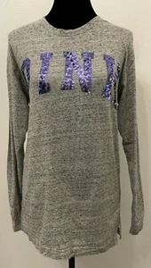 PINK Victoria's Secret Womens Long Sleeve Crew T-Shirt Small Gray Purple Sequins - Picture 1 of 12