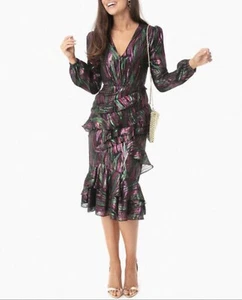 SALONI “Alya” Black Metallic Ruffle Long Sleeve Dress ~ Sz 2 - Picture 1 of 8