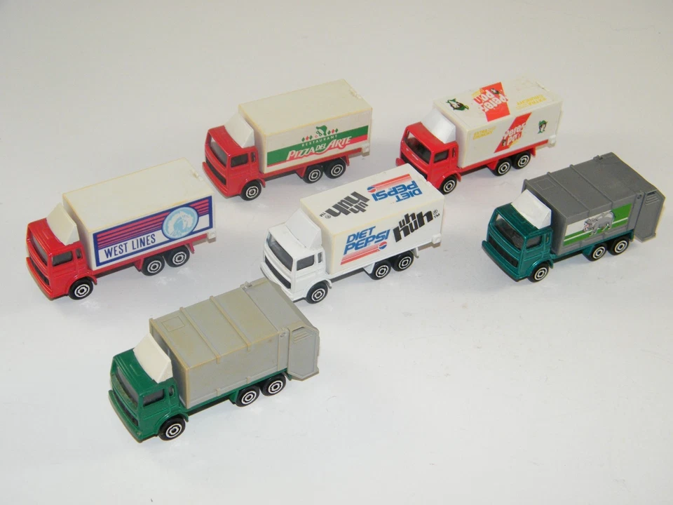 (6) VINTAGE ~ MAJORETTE BOX / GARBAGE TRUCKS: PEPSI, PETER PAN, PIZZA, ETC. - Image 1 of 4
