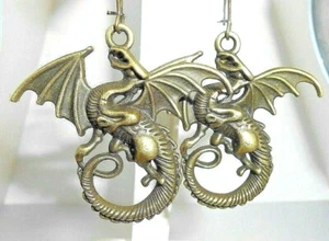 New Very Large Winged DRAGON Bronze-tone Drop Dangle Earrings 2-11/16" Long - Bild 1 von 3