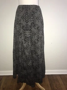 J.Jill Size 6 Gray+Black Velvet Flocked Print Maxi Boot A-Line Gored Skirt - Picture 1 of 8