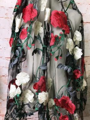  1yard Lace Fabric Red Rose Floral Embroidery Tulle Fabric for Bridal Long Dress - Image 1 of 4