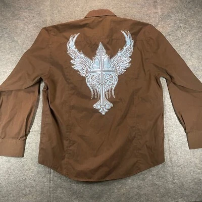 Manzini Mens Shirt 2XL Long Sleeve Western Cross Angel Wings Tattoo Graphic - Image 1 of 4