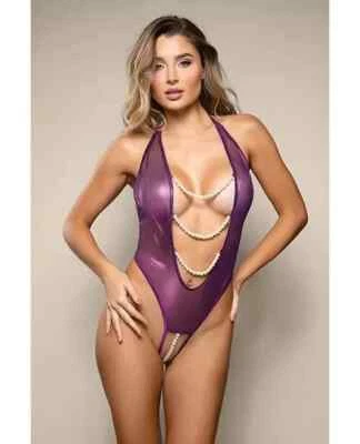 PEARL PLEASURE BEADS OPEN CROTCH SHIMMER MESH HALTER TEDDY - Image 1 of 4