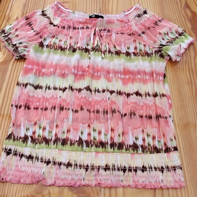 Womens ab studio pink striped short sleeve blouse sz m - Image 1 of 4