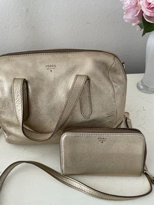 Fossil Woven Leather Gold Metallic Handbag 75082 Vintage Purse & Wallet/check - Picture 1 of 24