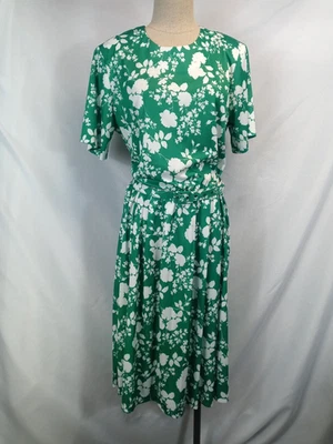 复古 Anthony Richards 连衣裙 16 绿色白色花卉腰带 Midi Modest 80 年代 90 年代 — 第 1/4 张图片