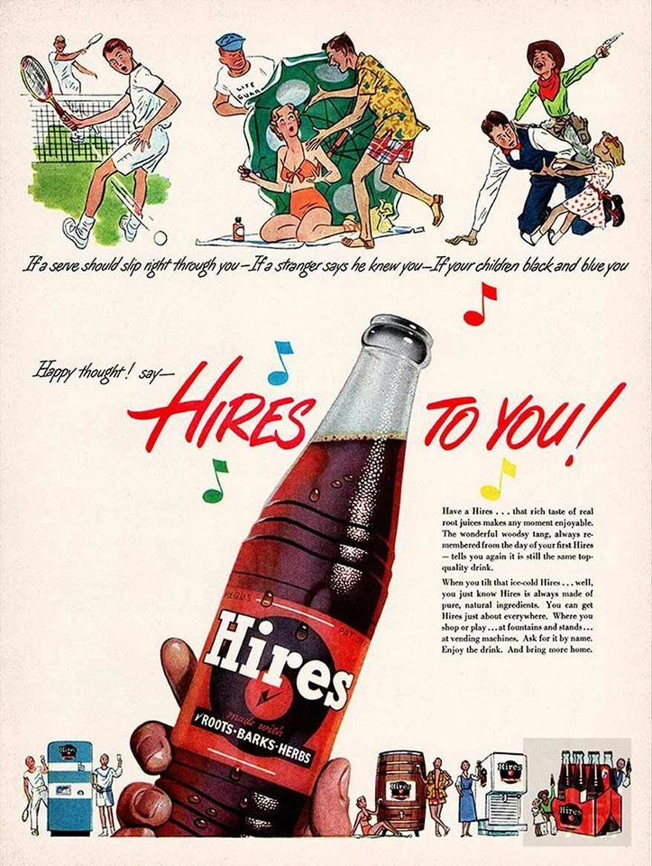 HIRES ROOT BEER TENNIS BEACH COWBOY 16" HEAVY DUTY USA MADE METAL SODA ADV SIGN - Image 1 of 1