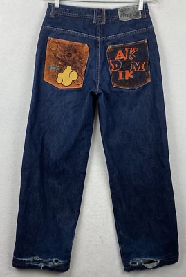 Akademiks Jeans 18  Blue Denim Jeans 30x29 Bold Colors Back Trashed Hem Orange - Image 1 of 4