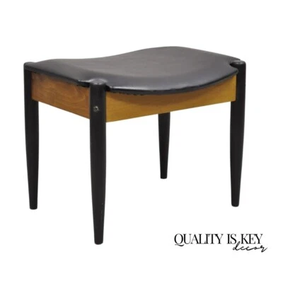 Norco Mid Century Modern Sculpted Footstool Ottoman Tapered Leg Black Vinyl Seat - Image 1 of 4